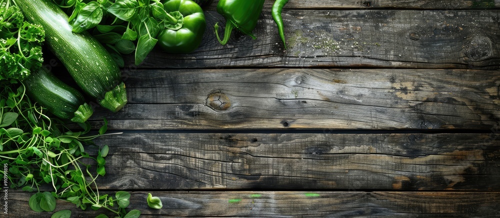 Poster various ripe green vegetables displayed on a wooden backdrop with copy space image available