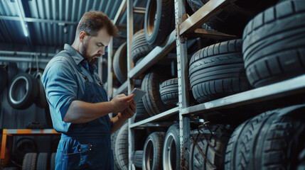 A tire technician in work overalls checks something on his tablet amid numerous tires stored on shelves in a workshop.