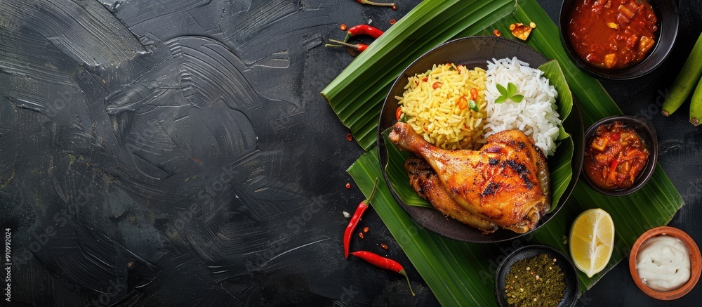 Poster traditional indonesian food roasted rice with chicken cooked in banana leaves on a black background 