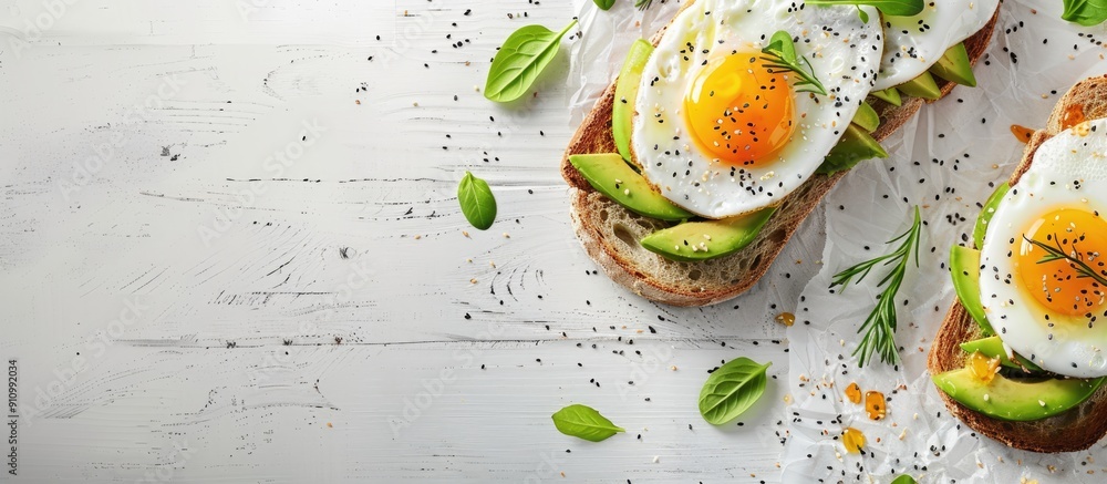 Poster healthy breakfast with avocado toast fried egg and whole grain bread presented on a white wooden sur