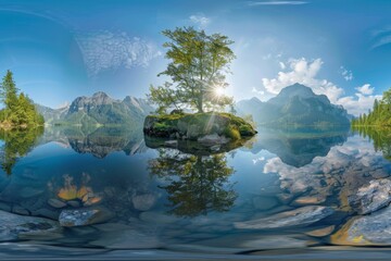 A tranquil mountain lake featuring a small island with a tree at its center, capturing the shimmering sunlight and reflecting the surrounding peaks on its surface.