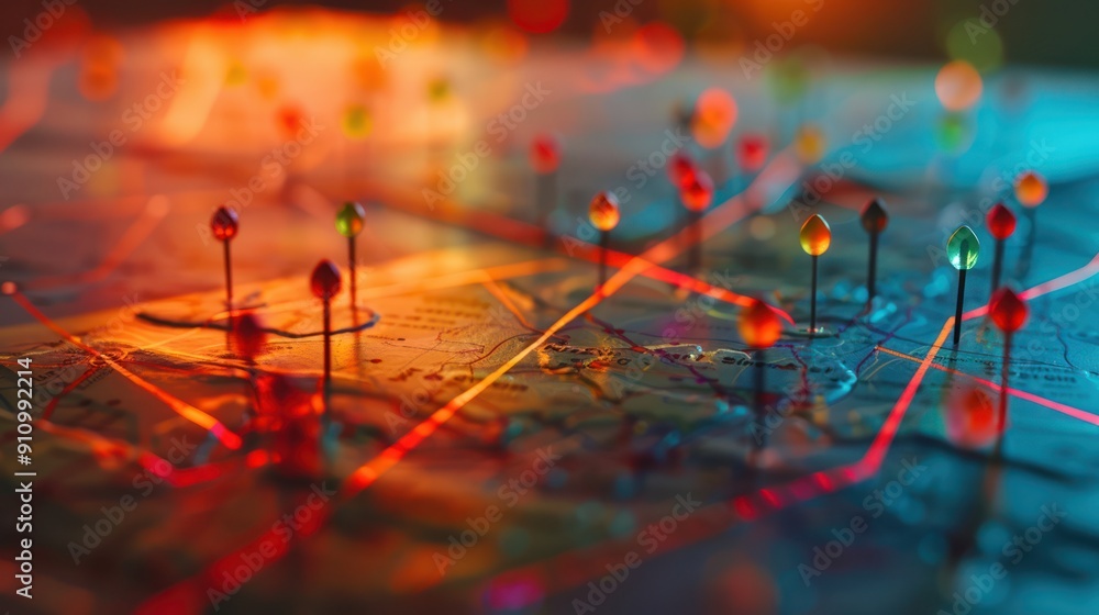 Poster map with colorful pins and glowing lines