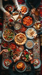 Fototapeta premium Friends gather around a vibrant table filled with various delicious dishes, sharing laughter and food together
