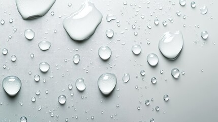 Water drops on a grey surface with a minimalist background.
