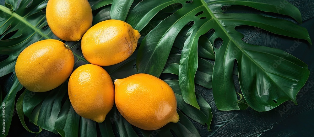 Poster Lemons arranged attractively on monstera leaves create a charming display with copy space image