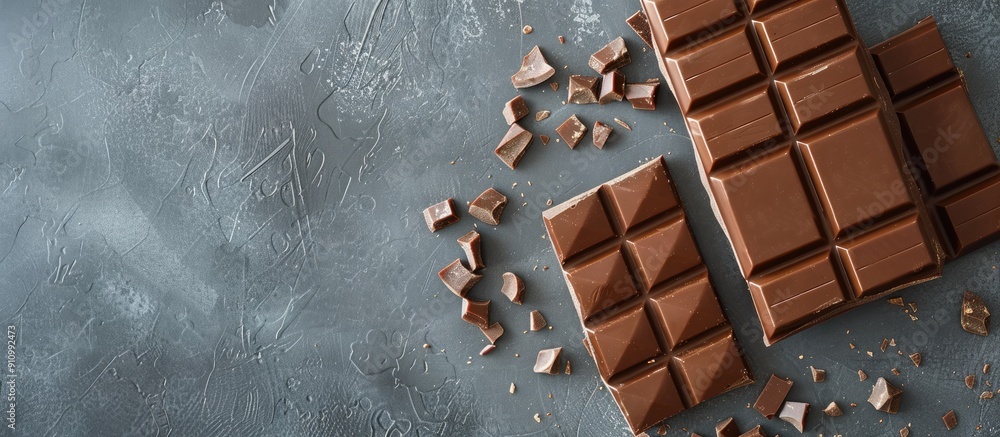Poster Flat lay of tasty milk chocolate bars on a gray table with a spacious area for text within the image. copy space available