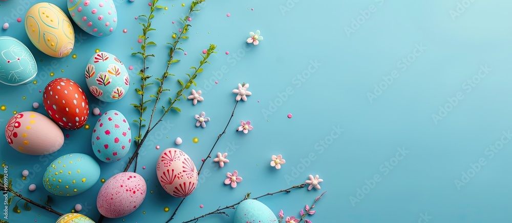 Poster easter eggs decorated with paint arranged on a blue table with copy space image