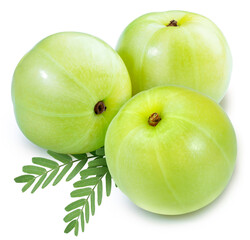 Fresh Indian gooseberries on white background, Phyllanthus Emblica isolated on white background with clipping path.
