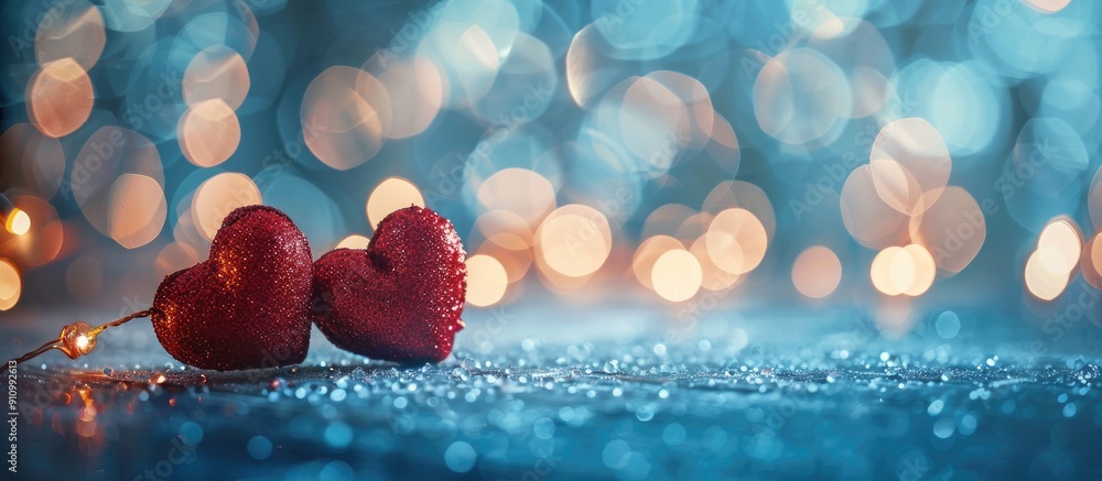 Aufkleber Valentine s theme with red hearts on a blue background illuminated by lights and bokeh effects creating a festive banner with copy space image for the holidays and love concept