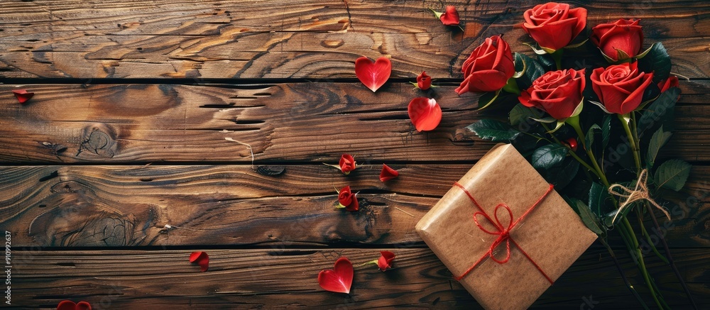 Leinwandbilder valentine s day greeting card concept with red roses and a gift box on a rustic wooden backdrop idea