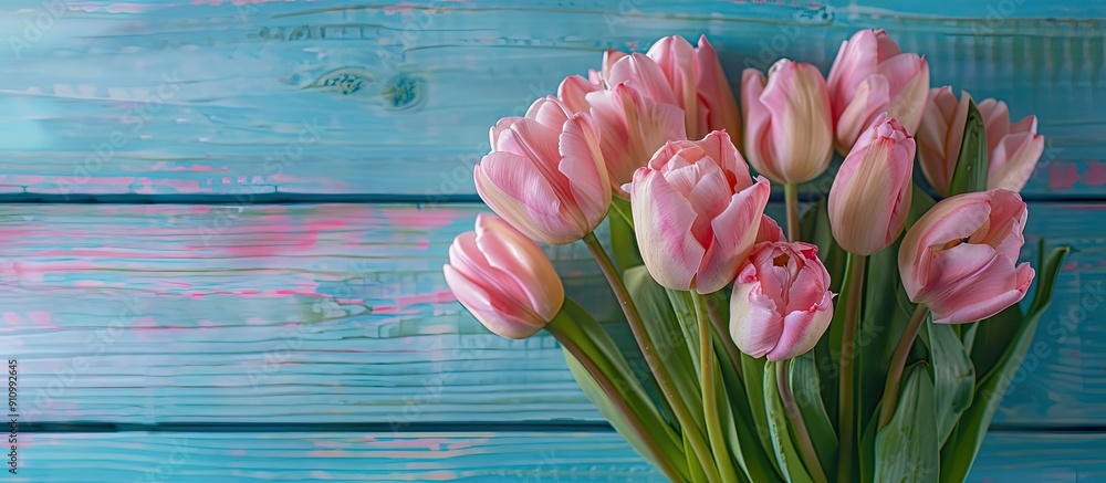 Poster top view of pink tulip bouquet on blue wooden backdrop with selective focus ideal for copy space ima