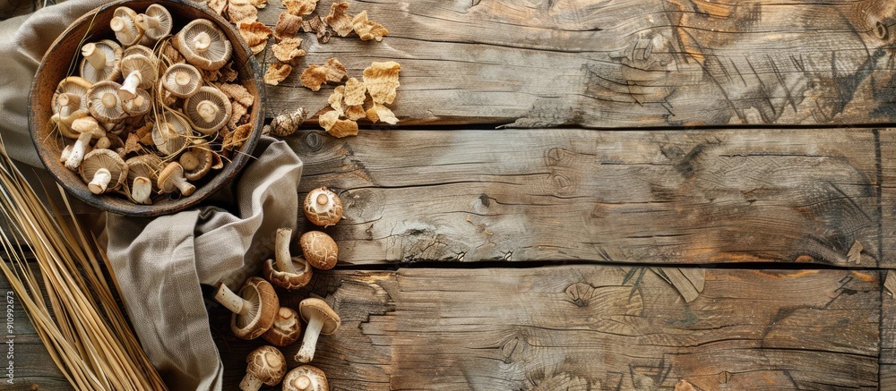 Poster Top view of a rustic table set with a meal featuring dried shiitake mushrooms creating copy space against a food themed background