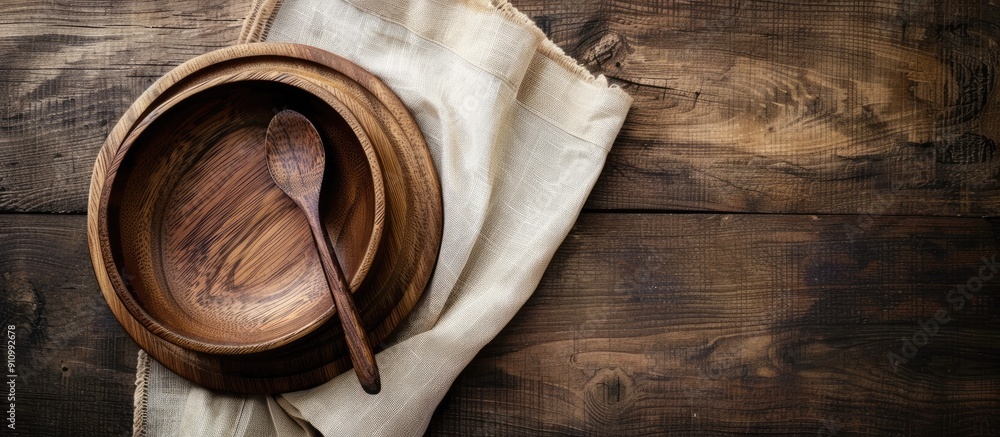 Aufkleber wooden table setting with an empty plate and a napkin against a brown backdrop featuring a wooden bo