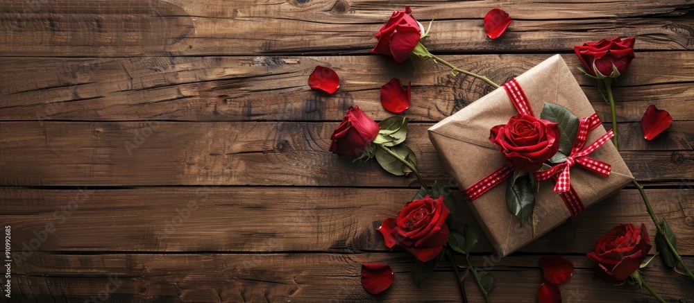 Leinwandbilder valentine s day greeting card concept with red roses and a gift box on a rustic wooden backdrop idea