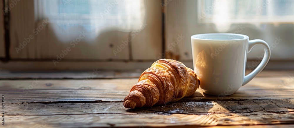 Poster a coffee mug and croissant beautifully displayed on a wooden surface with copy space image