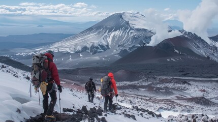 Hikers on a Snowy Mountain Path