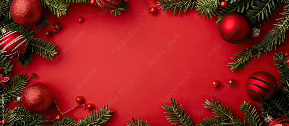 Fototapete Top view table top frame with pine branches red paper texture and Christmas baubles creating a festive background for a greeting card with copy space image