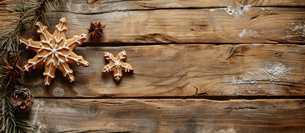 Poster wooden background with a gingerbread snowflake and star decoration providing copy space image