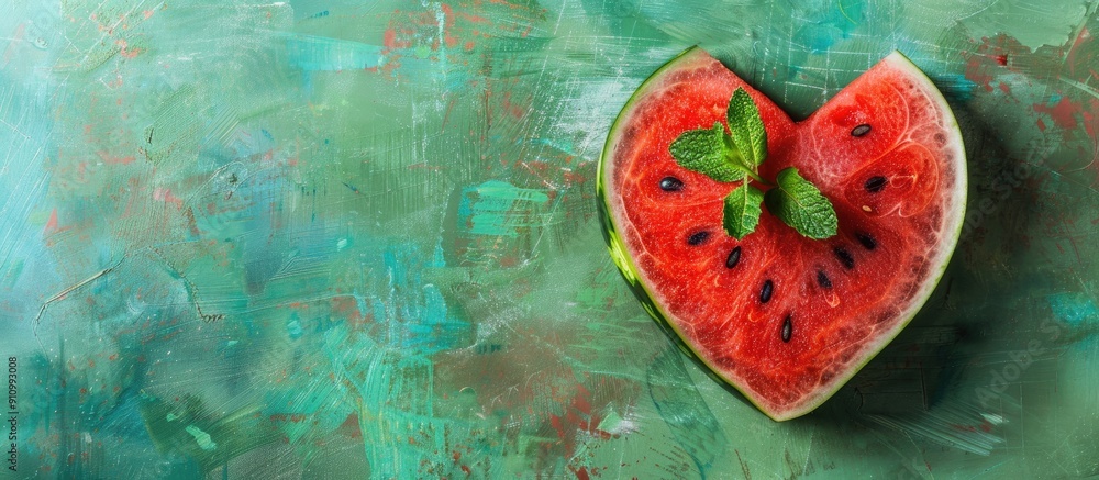 Poster Top view of a vibrant watermelon heart shape with mint leaves on a green surface creating a summer inspired copy space image with a watermelon pattern