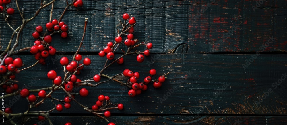 Poster close up shot of a branch with vibrant dogwood berries against a dark wooden backdrop creating a str