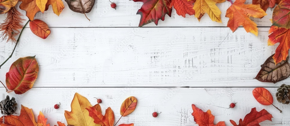 Aufkleber autumn leaves frame text on white wood backdrop with copy space image