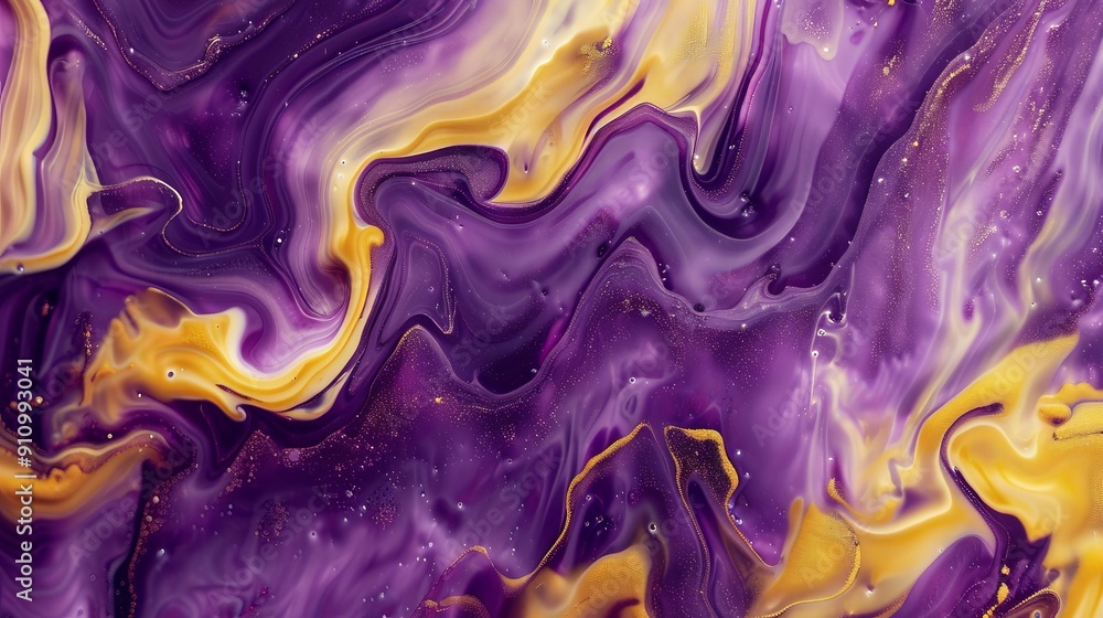 Poster an eye-catching abstract piece showcasing fluid swirls of deep purple with vibrant yellow accents, c