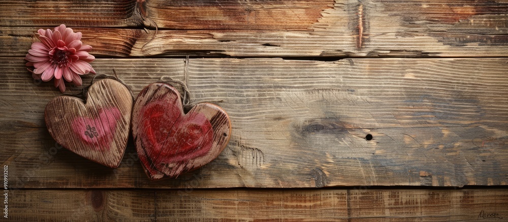 Aufkleber Rustic wooden background featuring two hearts a flower and space for text or images. copy space available