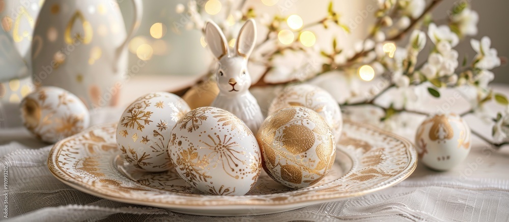 Poster an arrangement of easter eggs adorned with gold patterns and bunny figures on a plate exuding a sens