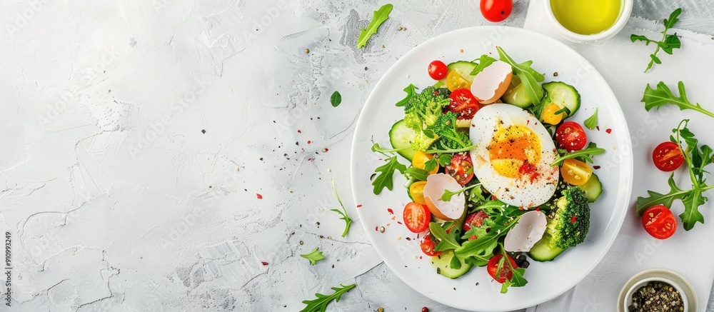 Poster Avocado rose toast with a boiled egg fresh salad on a white table cloth with copy space image