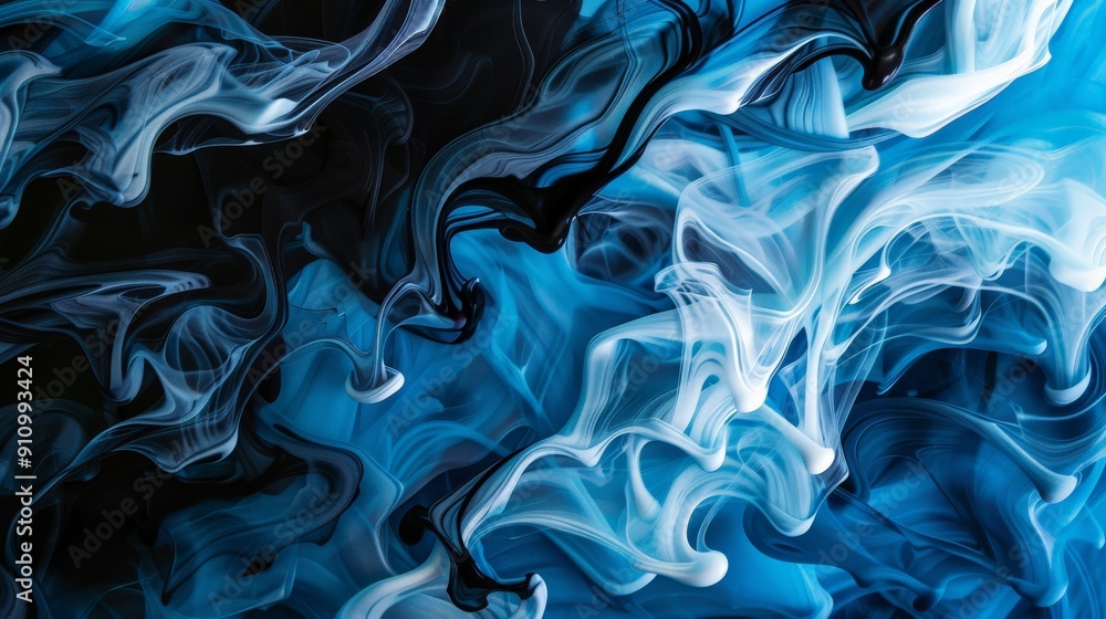Aufkleber A captivating composition of swirling black and white smoke blending into blue wisps, creating a visually engaging and dynamic abstract piece perfect for modern design applications.