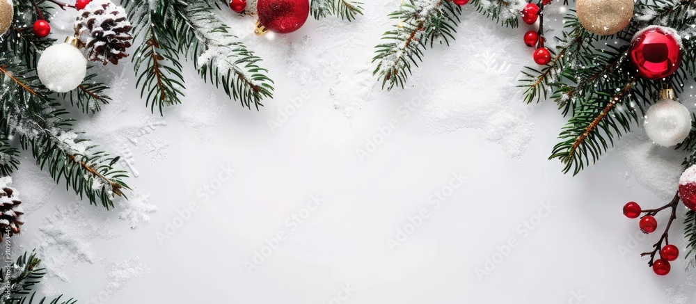 Poster top view copy space image of a snow covered white background adorned with christmas tree decorations