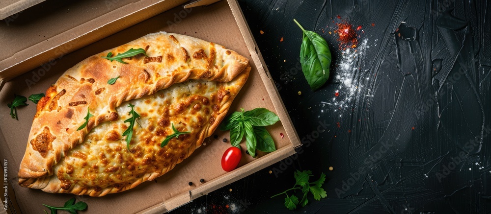 Aufkleber Cardboard boxed pizza calzone set on a dark backdrop with ample space for text alongside the image