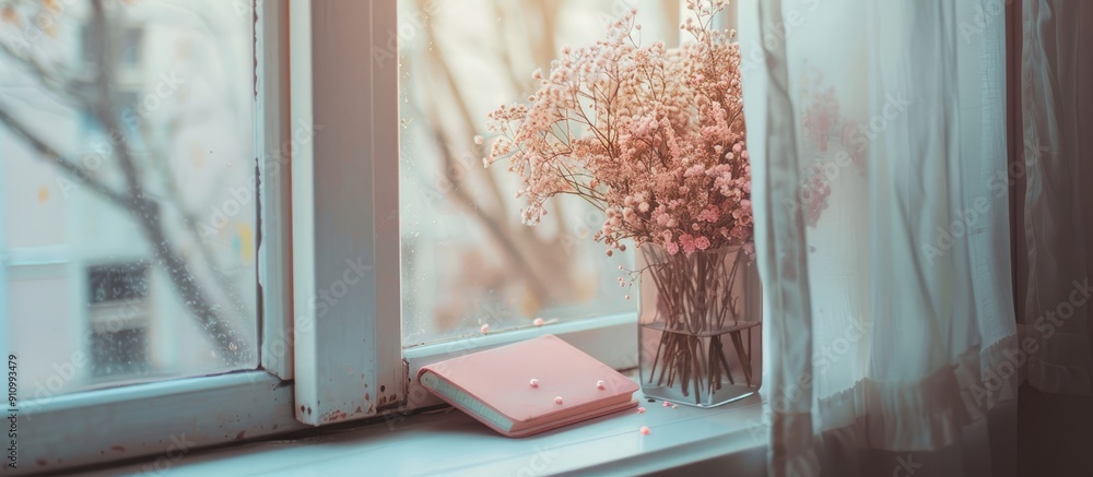 Poster Copy space image featuring a lovely bouquet and a pink diary placed on the windowsill