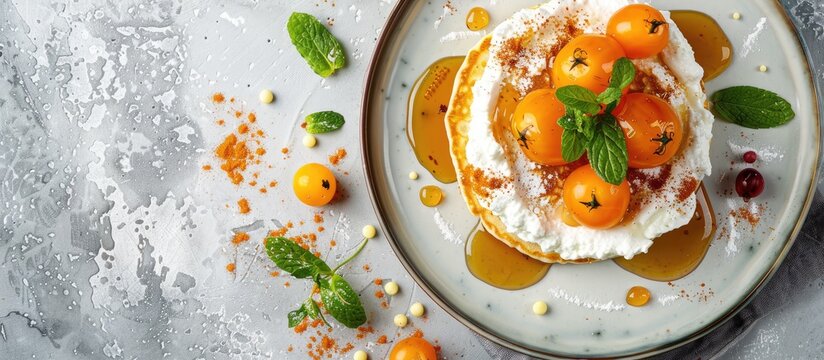 Top down view of delicious cottage cheese pancakes topped with physalis honey yogurt and mint on a ceramic plate creating a visually appealing copy space image for a healthy breakfast