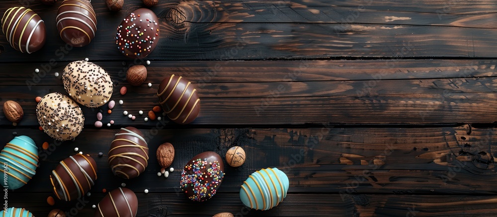 Poster top view of chocolate easter eggs set against a dark wooden surface with ample copy space image