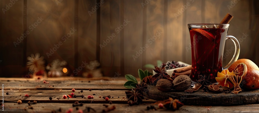 Aufkleber wooden table showcasing a classic mulled wine display with spices leaving room for a copy space imag
