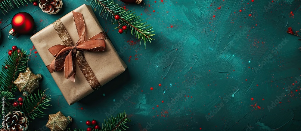 Leinwandbilder top down view of a wrapped holiday gift in craft paper with a colored ribbon placed on a table with 