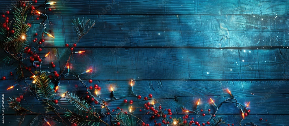 Poster top view of christmas garland lights on a blue wooden background with room for text in a copy space 