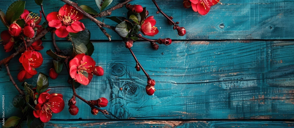Poster top view of red flowers on a blue wooden backdrop with a quince blossom for a captivating copy space