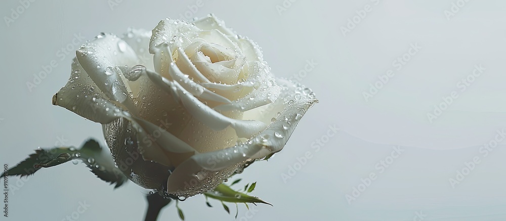 Poster white rose with dewdrops against a white backdrop with copy space image