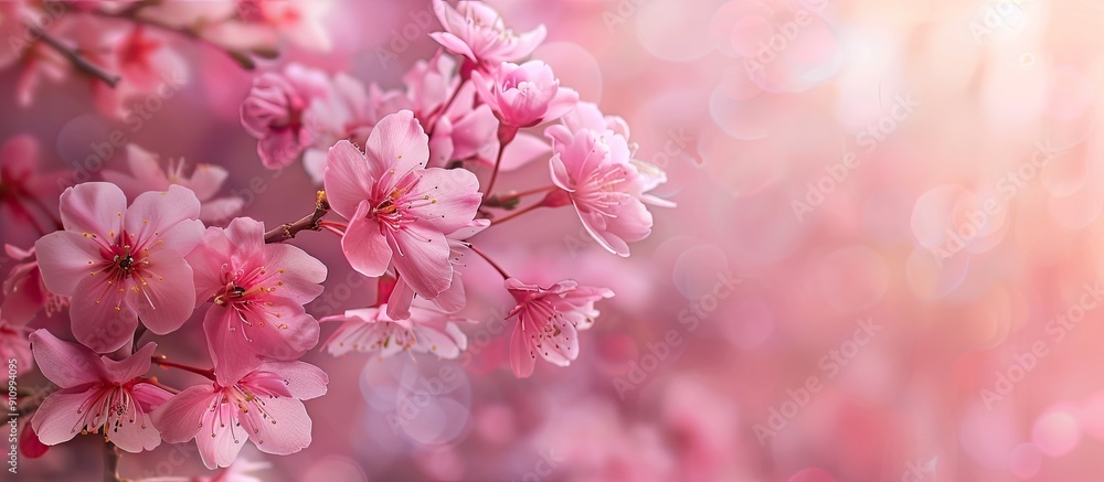 Poster a lovely spring atmosphere with a flowering tree showcasing pink blossoms ideal for a picturesque sp