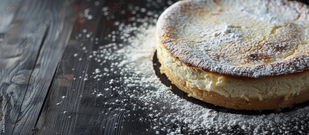 Poster close up of a cheesecake with powdered sugar resting on a dark wooden table with copy space image