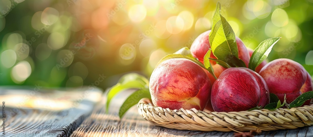 Poster close up of a juicy nectarine with leaves on a wicker plate situated on a bright wooden table in the