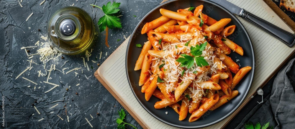 Aufkleber Top view of homemade Penne Alla Vodka with cheese and parsley on blank notepad flat lay image with copy space
