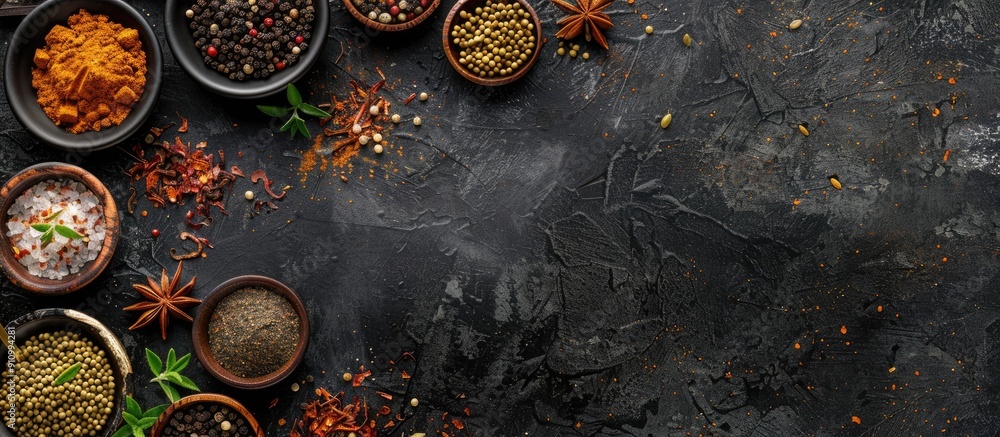 Poster Copy space image featuring an assortment of pastes and spices with a selective focus and top view