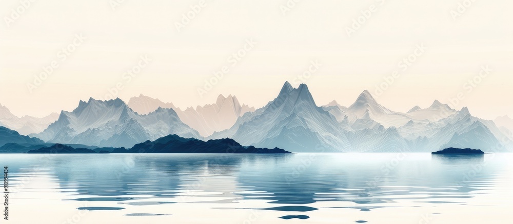 Poster mountain silhouettes fade into hazed horizon blending sea and sky in a mesmerizing copy space image