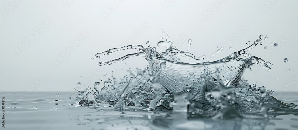 Poster splashing water against a plain white backdrop with space for more imagery. . image with copy space