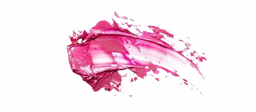 A pink lip gloss texture with smudged cosmetic product smear shown on a white background for a makeup swatch product sample with copy space image