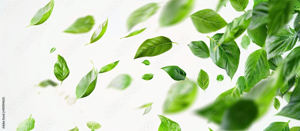 Poster Fresh green leaves flying on a white background create an environment and ecology copy space image representing spring foliage
