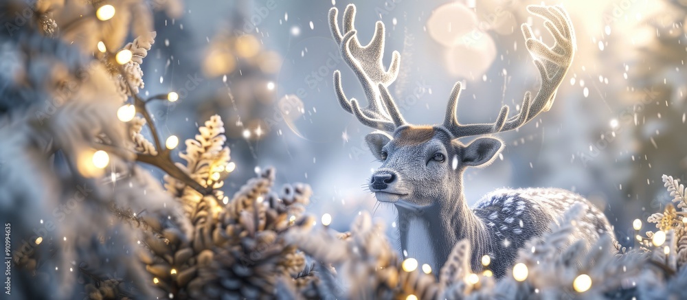 Poster silvery deer and lights backdrop in a christmas composition with copy space image